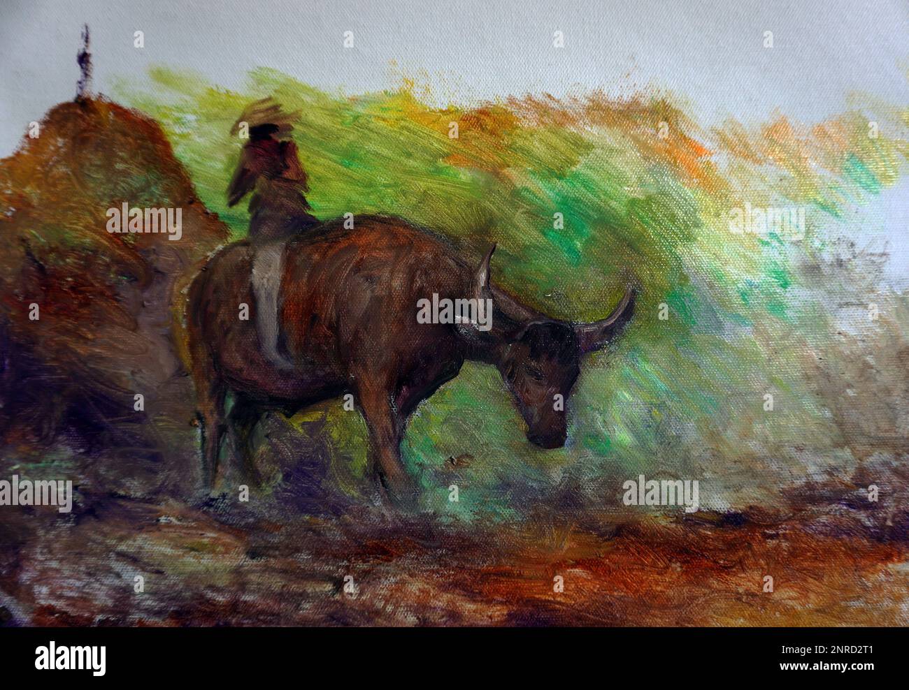 Pittura d'arte Oil color Hut Northeast Thailand Countryside , Bambini a cavallo di un bufalo Foto Stock