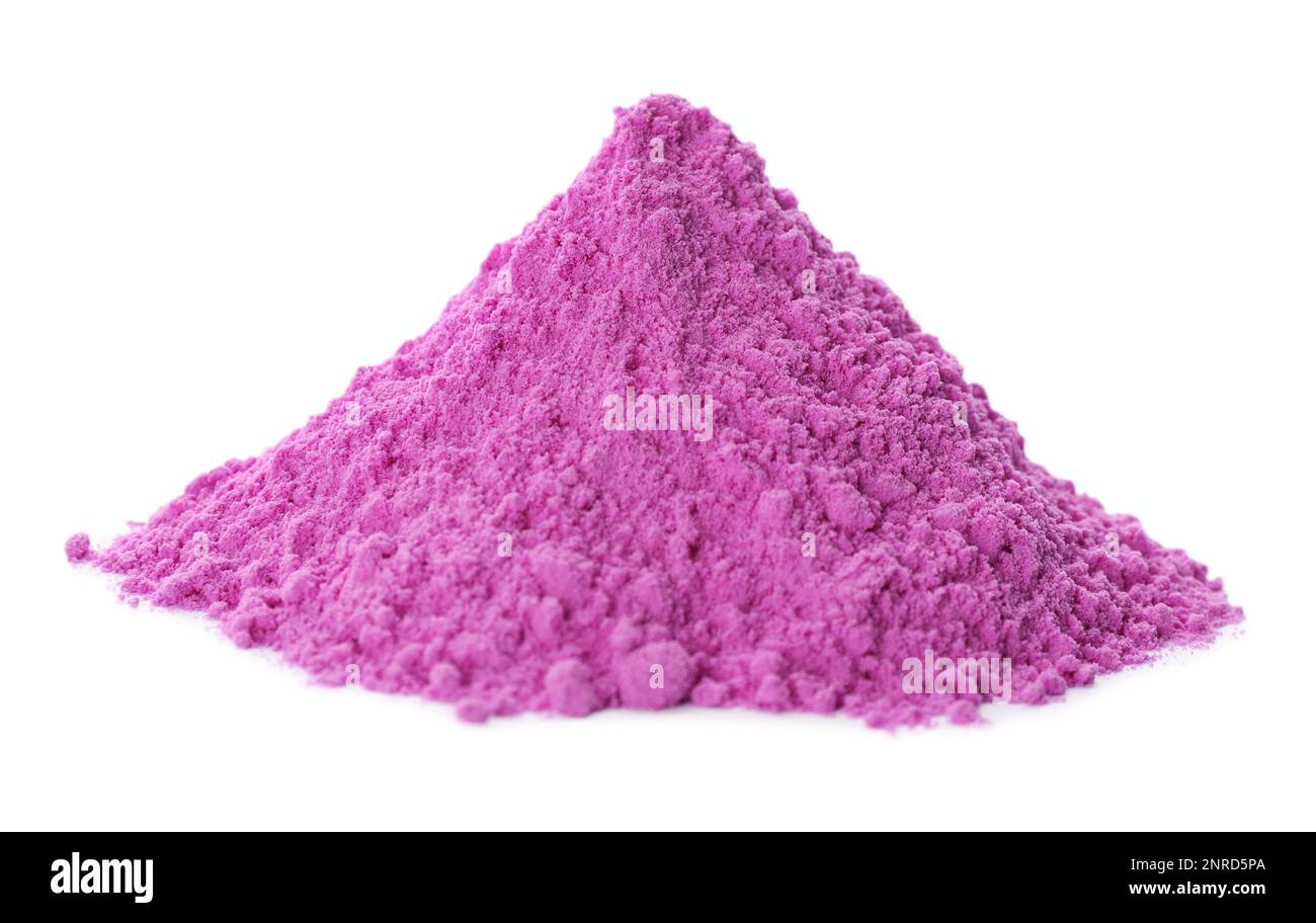 Colorante in polvere viola su sfondo bianco. Festa di Holi Foto Stock
