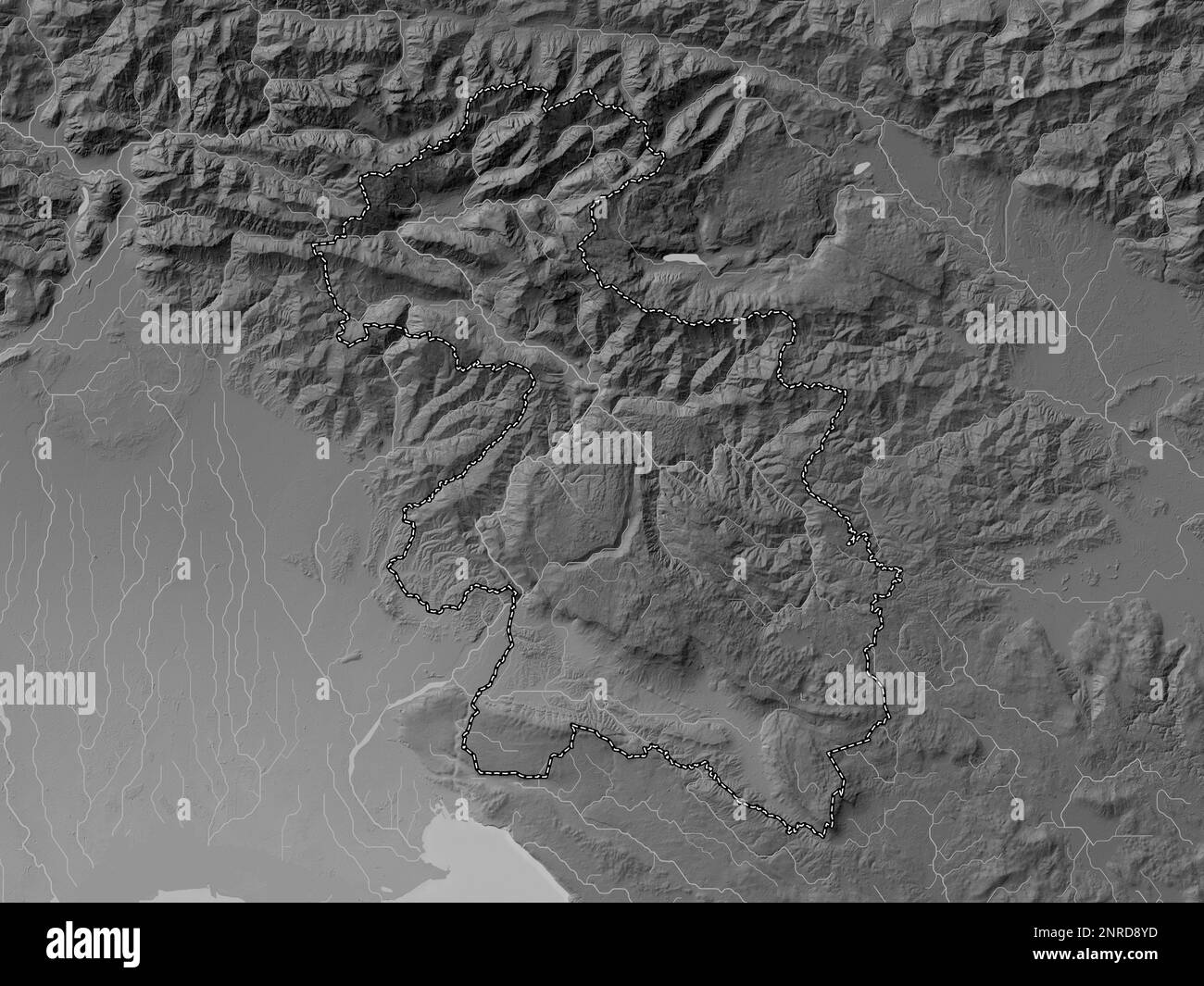 Goriska, regione statistica della Slovenia. Mappa in scala di grigi con laghi e fiumi Foto Stock