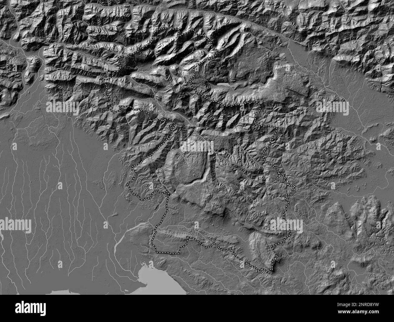 Goriska, regione statistica della Slovenia. Mappa altimetrica bilivello con laghi e fiumi Foto Stock