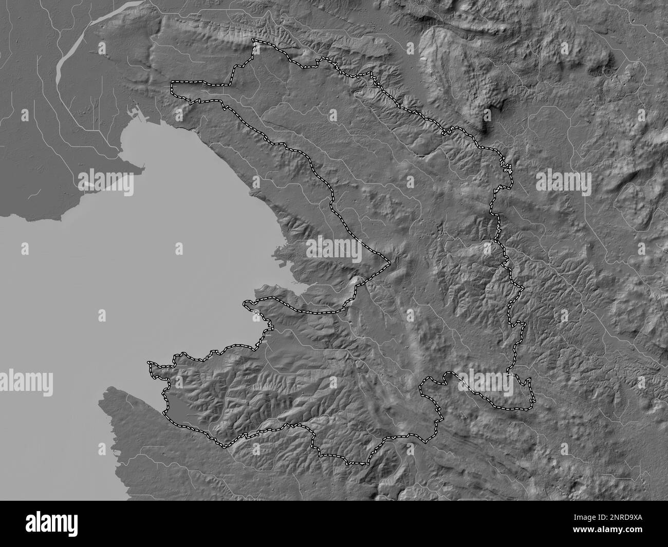 Obalno-kraska, regione statistica della Slovenia. Mappa altimetrica bilivello con laghi e fiumi Foto Stock