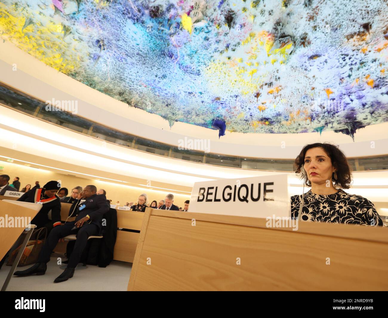 Il ministro degli Esteri Hadja Lahbib ha illustrato la 52nd sessione del Consiglio dei diritti umani delle Nazioni Unite, a Ginevra, in Svizzera, lunedì 27 febbraio 2023. BELGA FOTO BENOIT DOPPAGNE Foto Stock