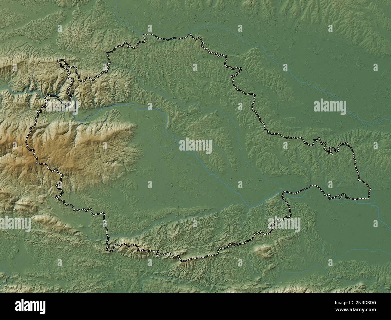 Podravska, regione statistica della Slovenia. Mappa di altitudine colorata con laghi e fiumi Foto Stock