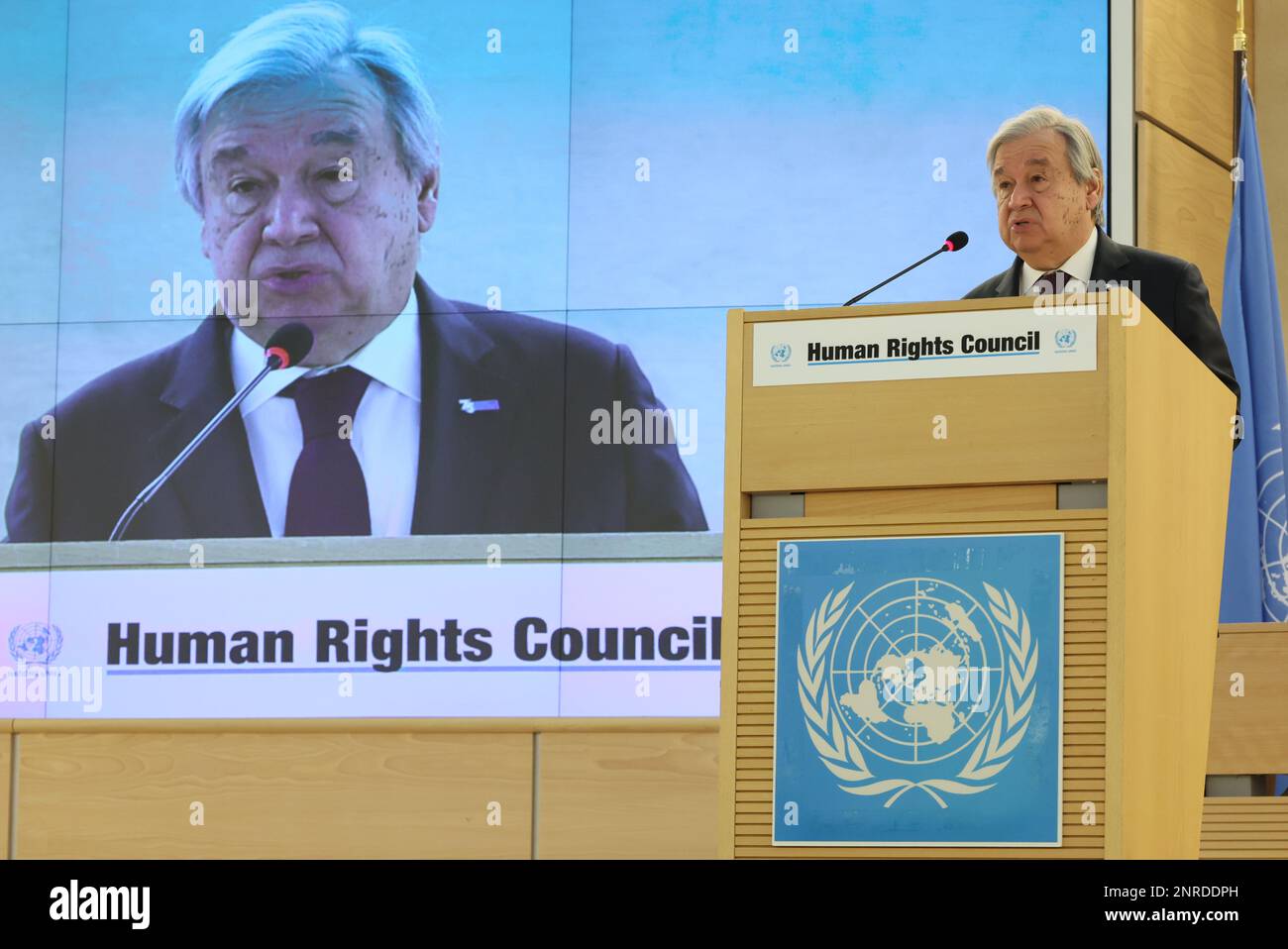 Il Segretario generale delle Nazioni Unite Antonio Guterres ha illustrato la 52nd sessione del Consiglio dei diritti umani delle Nazioni Unite, a Ginevra, in Svizzera, lunedì 27 febbraio 2023. BELGA FOTO BENOIT DOPPAGNE Foto Stock