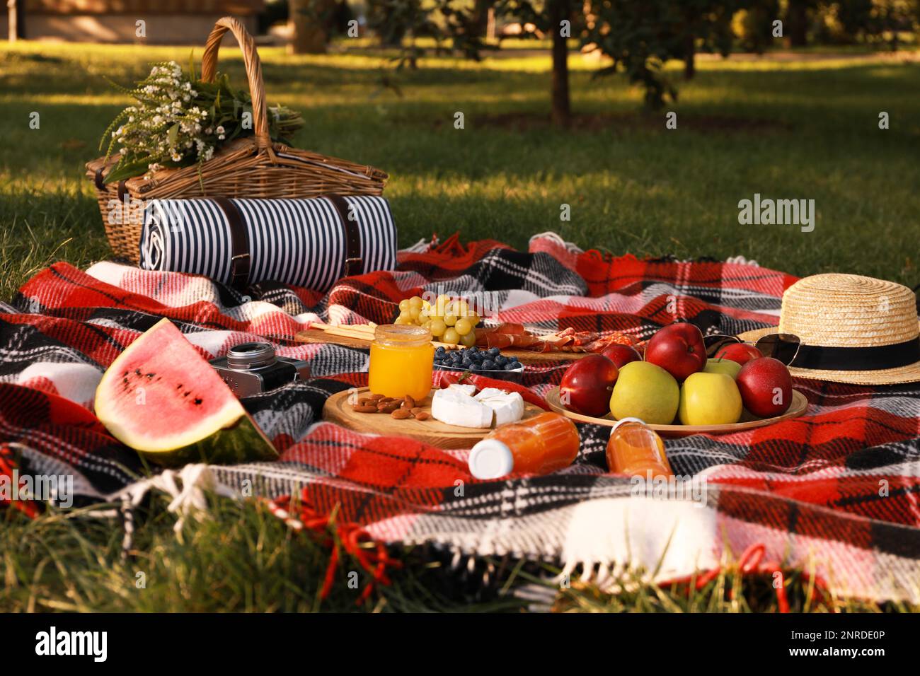 Cestino da picnic, cibo e bevande a pagamento nel parco estivo Foto Stock