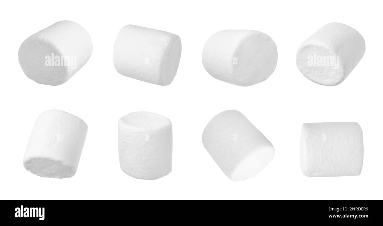 Set con deliziosi dolci marshmallows puffy su sfondo bianco. Design del banner Foto Stock