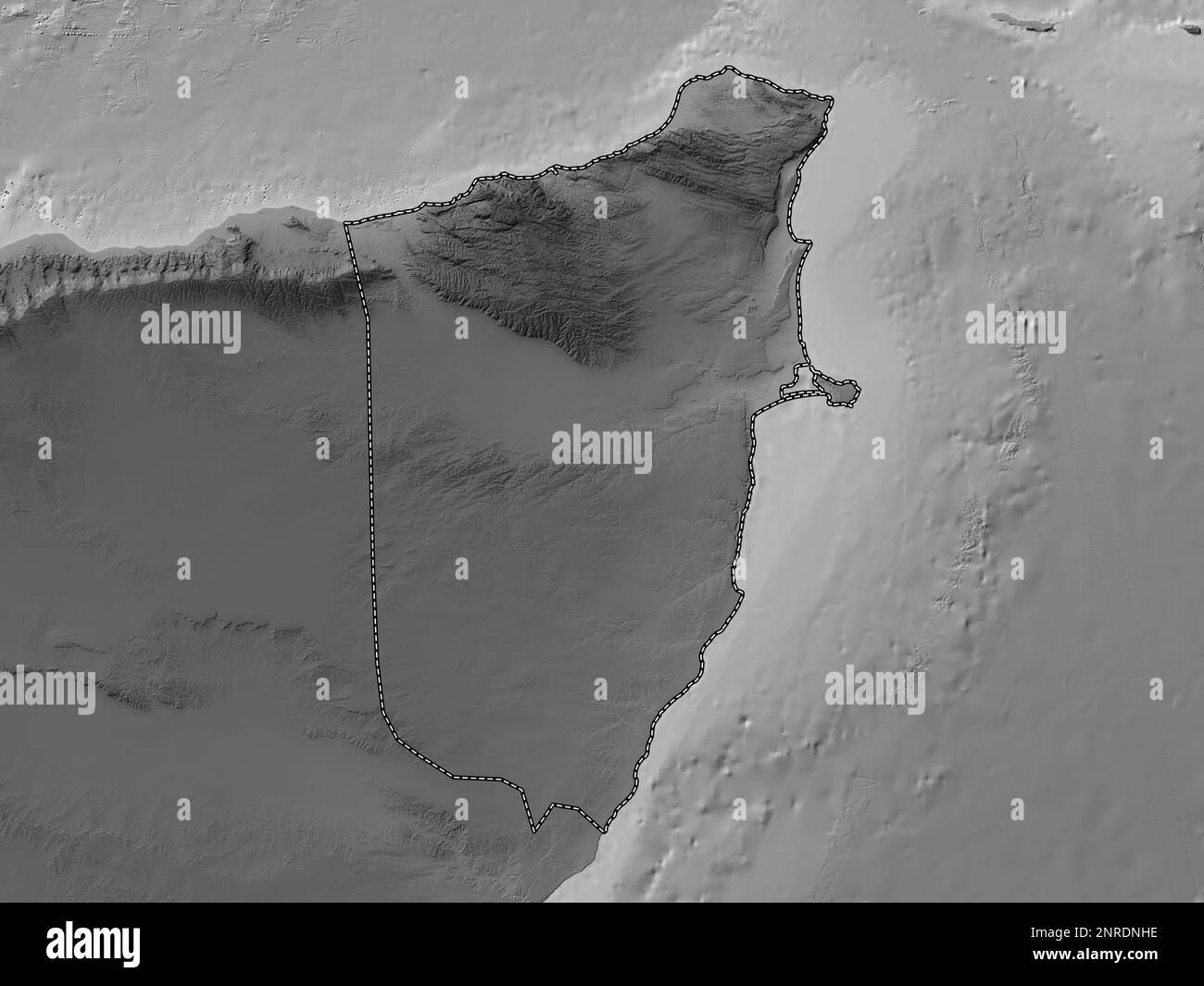 Bari, regione della Somalia. Mappa in scala di grigi con laghi e fiumi Foto Stock