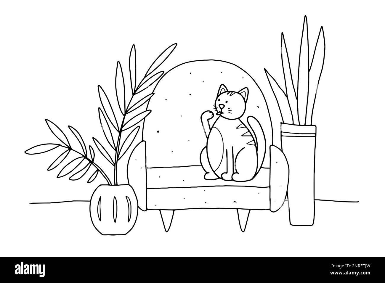 Doodle Cat sul divano. Animale domestico disegnato a mano in un interno accogliente con piante in una pentola. L'animale a righe di contorno lecca la zampa a casa. Linea gattino siede e wa Illustrazione Vettoriale