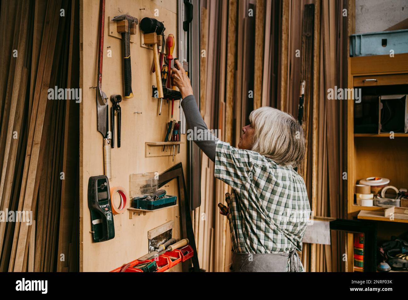 Vista laterale dell'attrezzo di smontaggio carpentiere senior femmina dalla scheda in officina Foto Stock