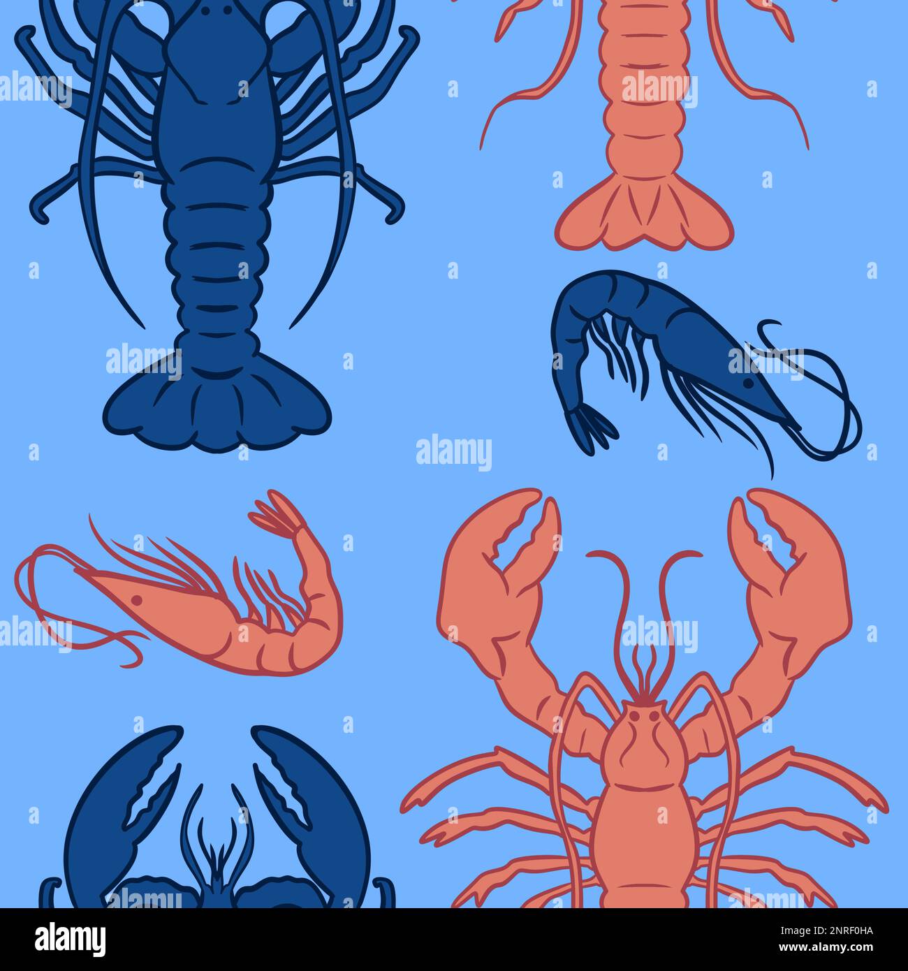 Motivo senza cuciture disegnato a mano con aragoste blu arancio su sfondo turchese. Frutti di mare marini sottomarini, menu caffè ristorante oceano, creature animali acquatici, stampa nautica design Foto Stock