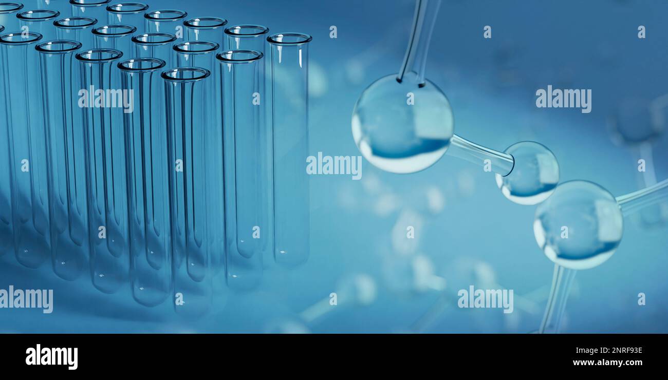 Scienza o concetto medico. Provette e molecole vuote in vetro da laboratorio chimico su sfondo blu Foto Stock