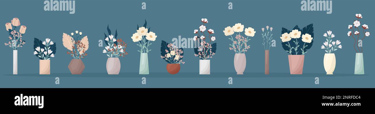 Una grande serie di fiori in vasi in stile boho. Composizione dell'illustrazione del vettore dei fiori. Bouquet di tricots, cotone, foglie decorative varie e. Illustrazione Vettoriale