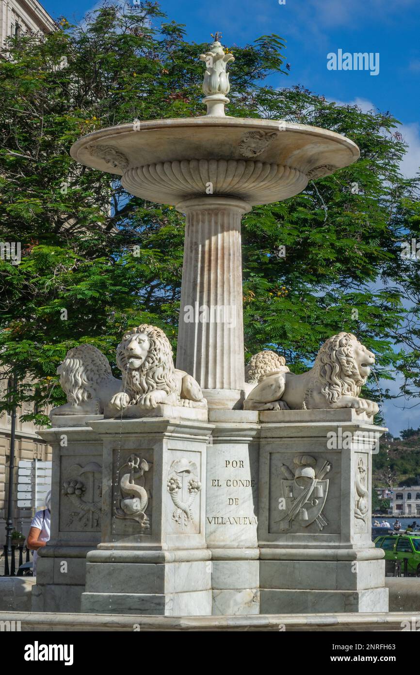 Caraibi, Cuba, l'Avana, fontana Lions, san Francisco plaza Foto Stock