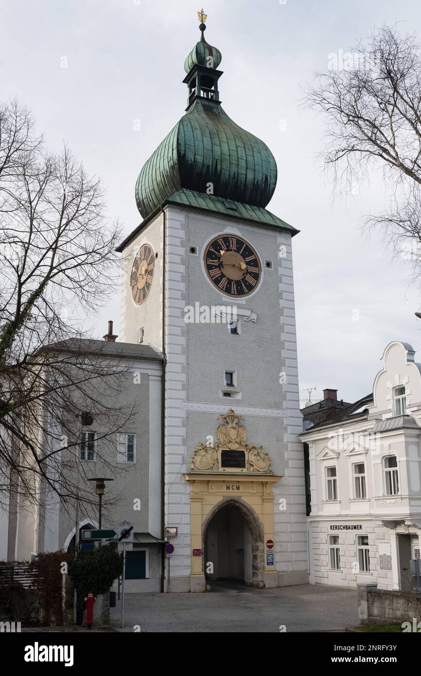 Ybbstor torre con porta alla città di Waidhofen an der Ybbs, Austria Foto Stock