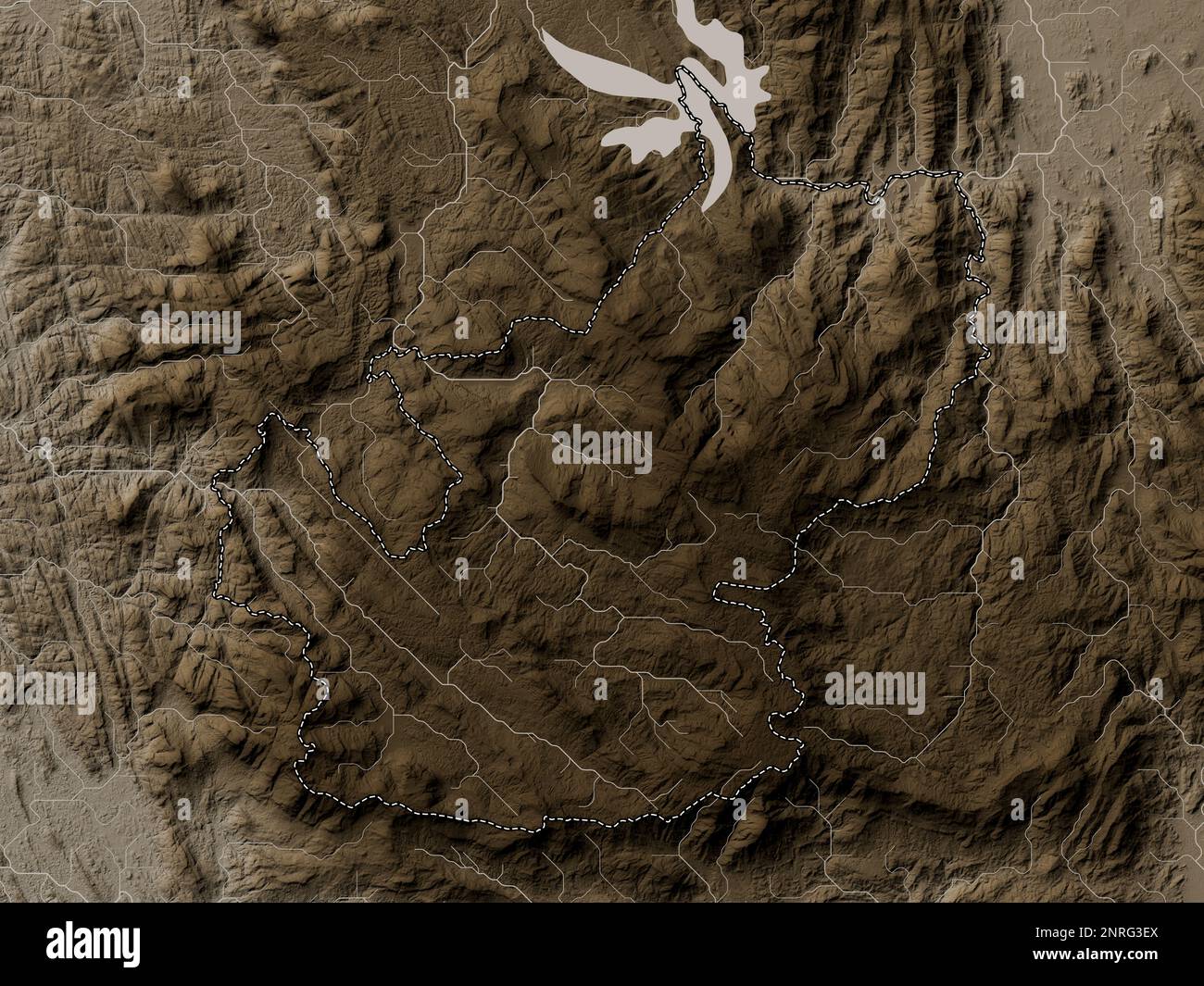 Nuwara Eliya, distretto dello Sri Lanka. Mappa dell'altitudine colorata in tonalità seppia con laghi e fiumi Foto Stock