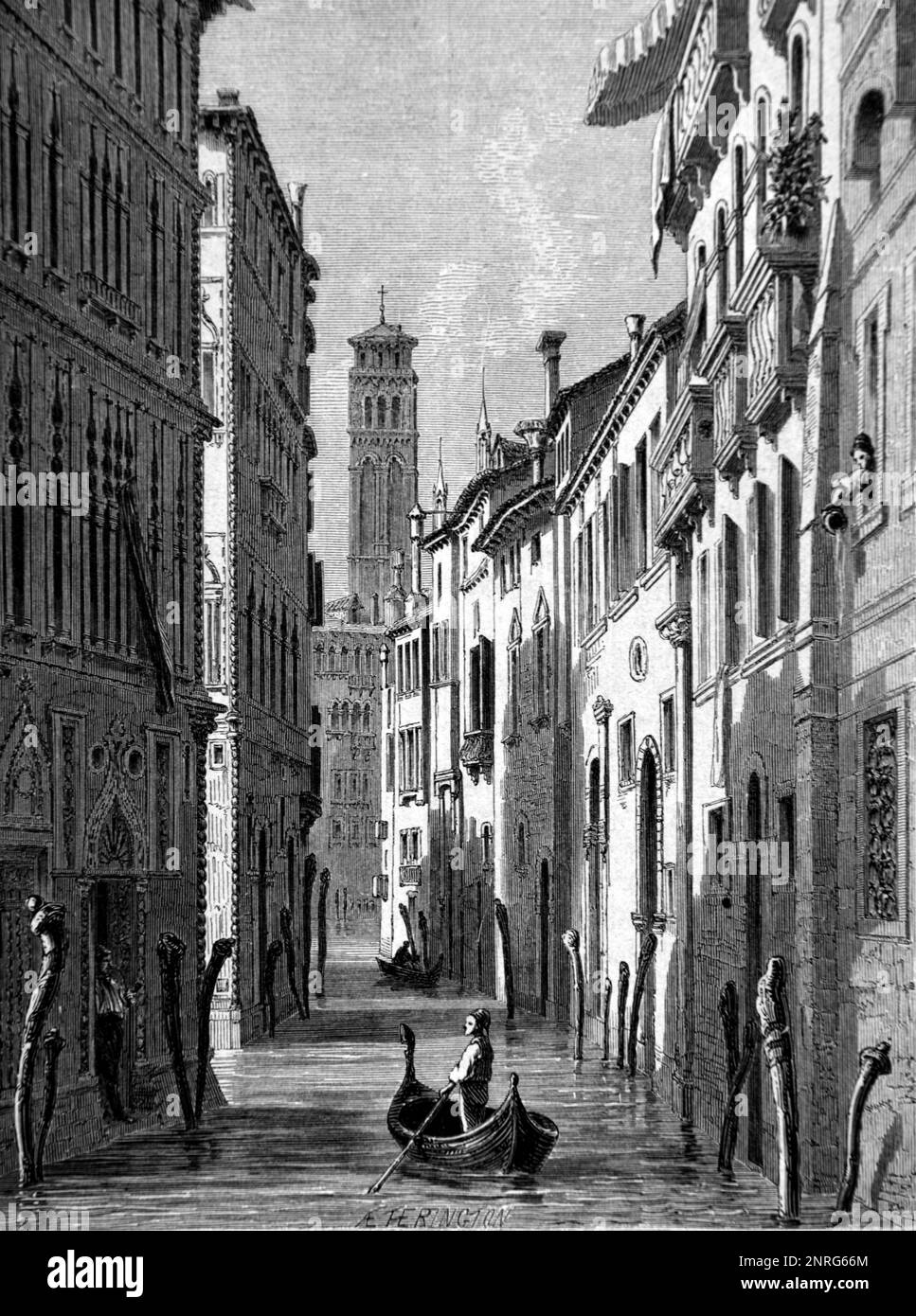 Canale, Gondola e gondoliere Venezia Italia con San Il Campanile di Mark sullo sfondo. Vintage Engraving o Illustrazione 1862 Foto Stock