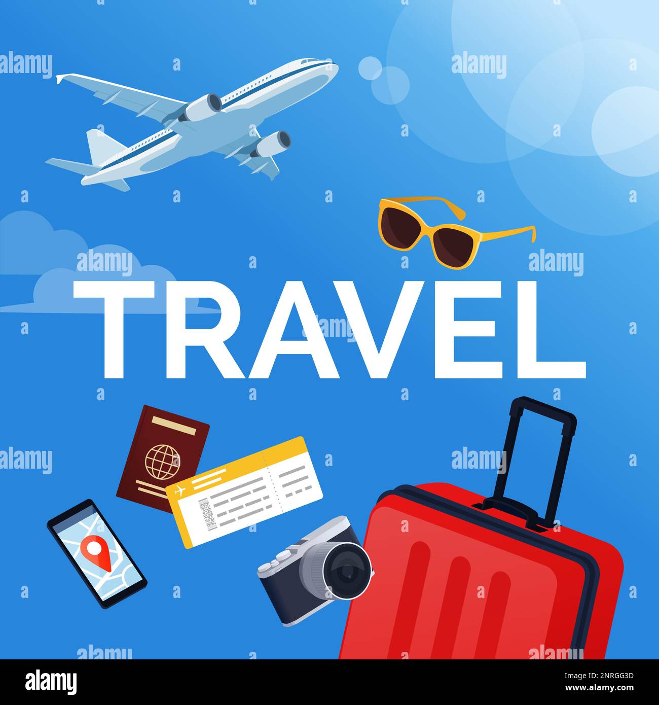 Testo di viaggio con accessori di viaggio, e aereo che vola sullo sfondo: Viaggi internazionali e concetto di turismo Illustrazione Vettoriale