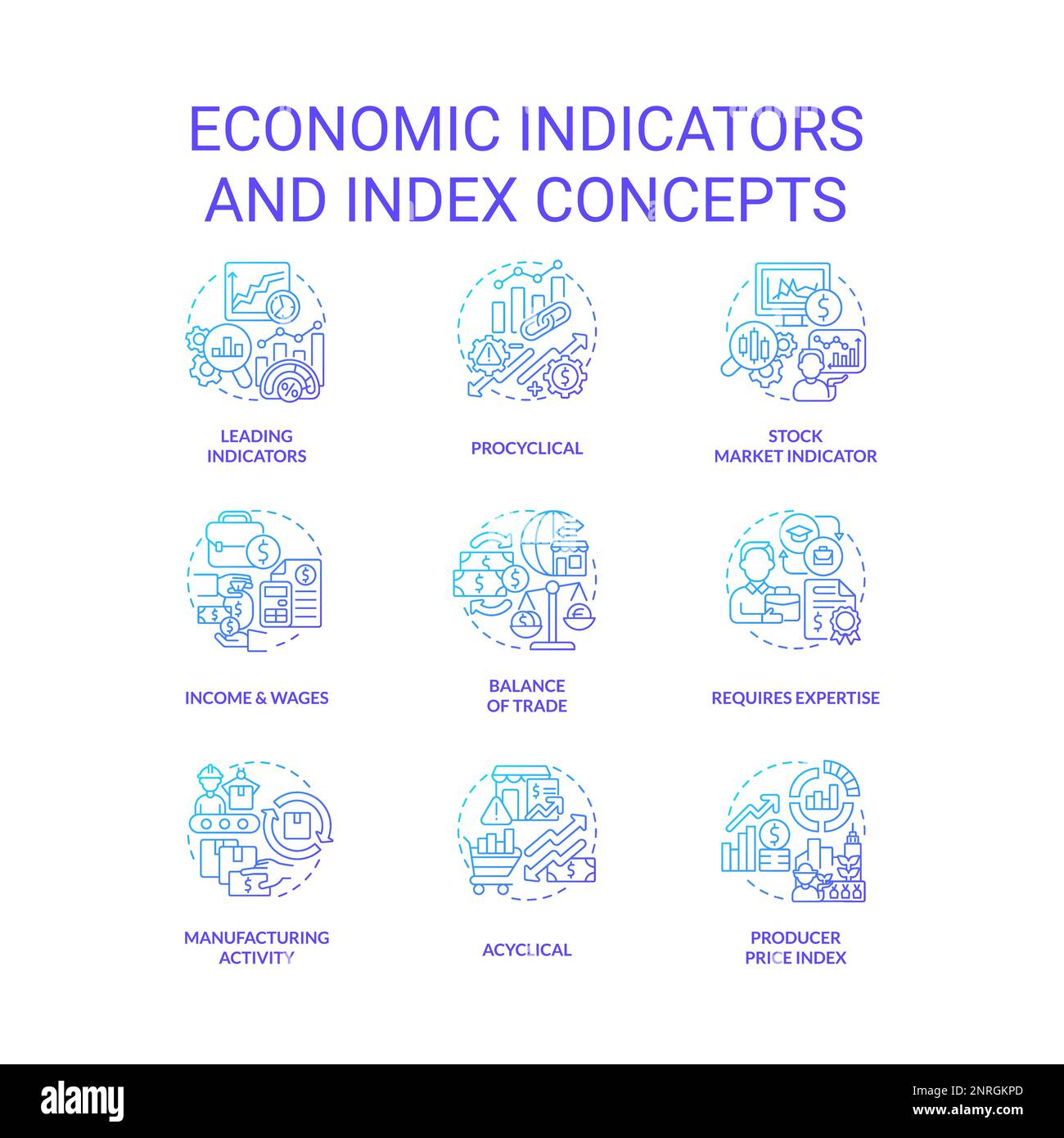 Set di indicatori economici e icone di concetto di gradiente blu indice Illustrazione Vettoriale