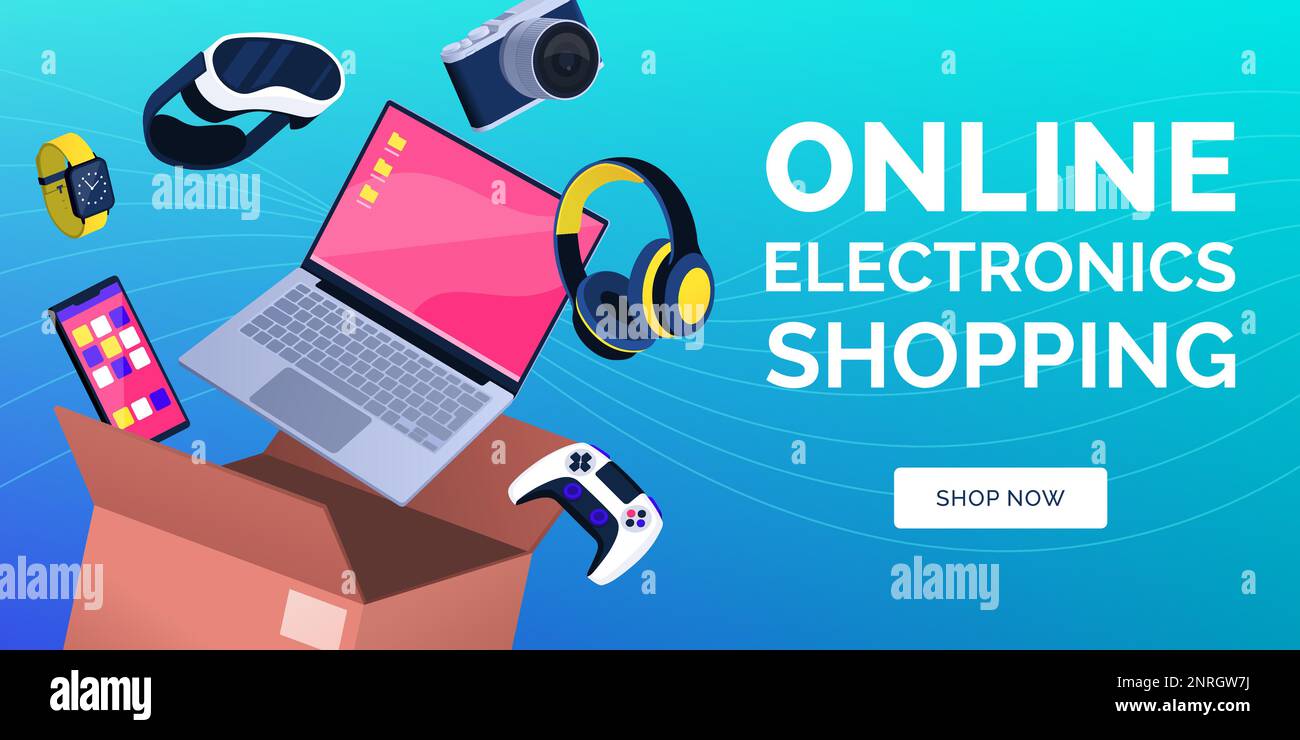 Banner online per acquisti e consegne di prodotti elettronici con dispositivi e scatola di consegna Illustrazione Vettoriale