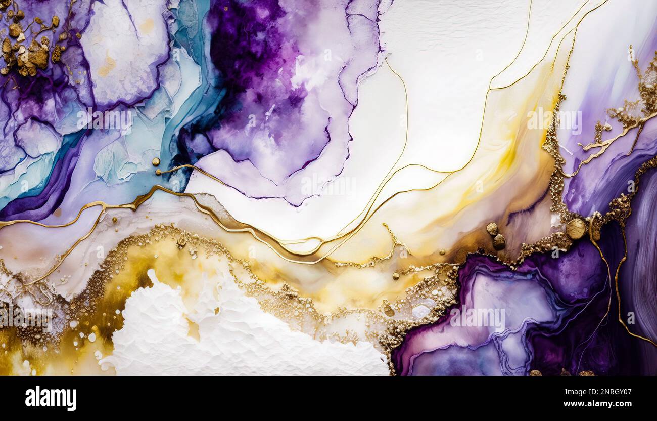 Vortice di marmo oro viola sfondo astratto, marmo liquido disegno astratto, toni viola chiaro con oro, pittura di marmo texture. Inchiostro alcool col Foto Stock