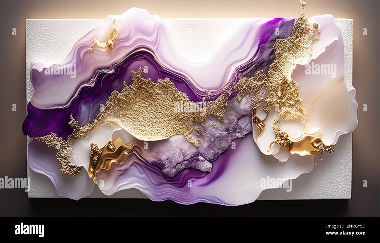 Vortice di marmo oro viola sfondo astratto, marmo liquido disegno astratto, toni viola chiaro con oro, pittura di marmo texture. Inchiostro alcool col Foto Stock