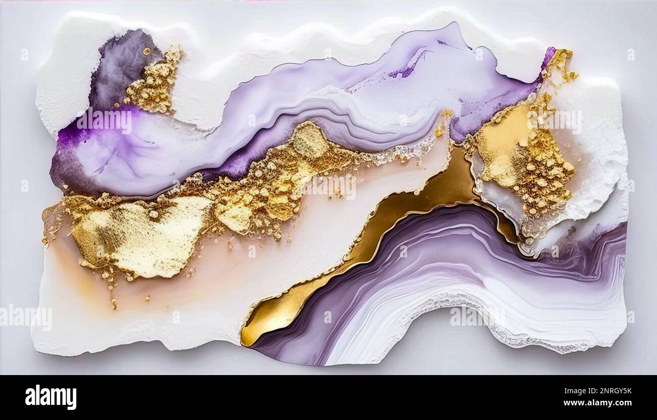 Vortice di marmo oro viola sfondo astratto, marmo liquido disegno astratto, toni viola chiaro con oro, pittura di marmo texture. Inchiostro alcool col Foto Stock