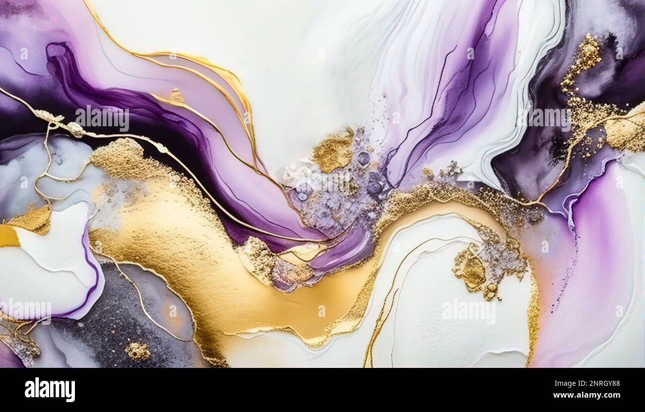 Vortice di marmo oro viola sfondo astratto, marmo liquido disegno astratto, toni viola chiaro con oro, pittura di marmo texture. Inchiostro alcool col Foto Stock