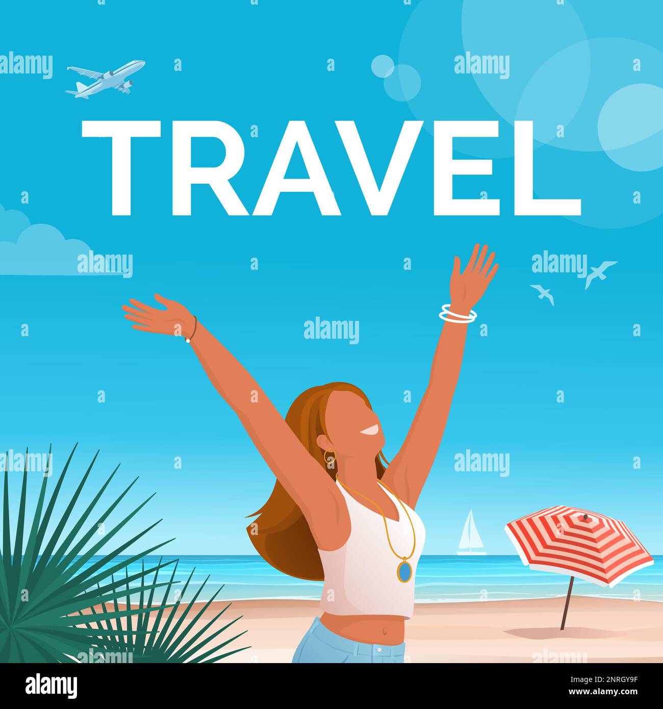 Felice donna turistica in spiaggia: Vacanze estive e concetto di viaggio Illustrazione Vettoriale