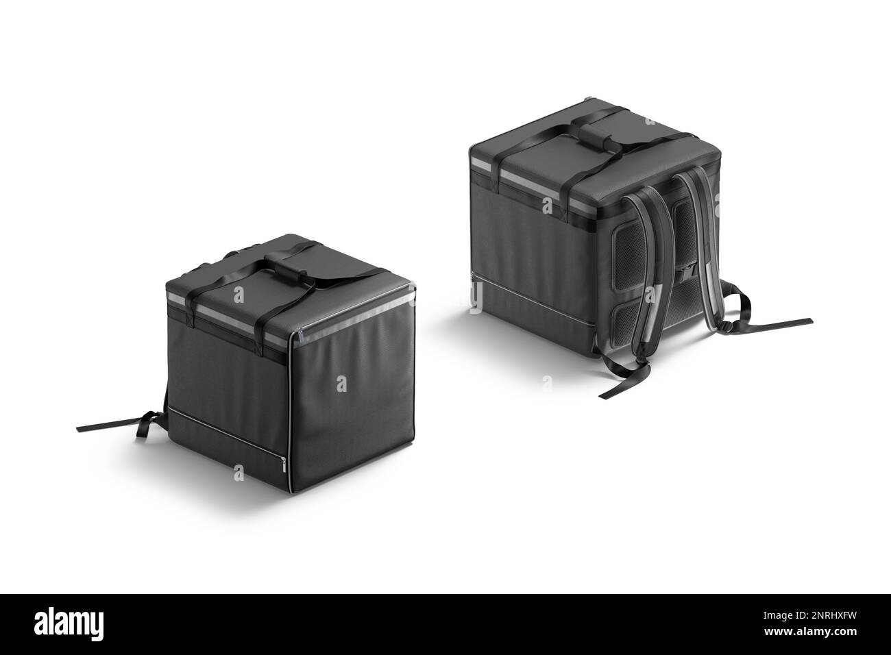 Borsa di consegna nera vuota con mockup a tracolla, vista laterale anteriore, rendering 3D. Zaino termo vuoto o supporto per la consegna di alimenti mock up, isolato. Cancella w Foto Stock