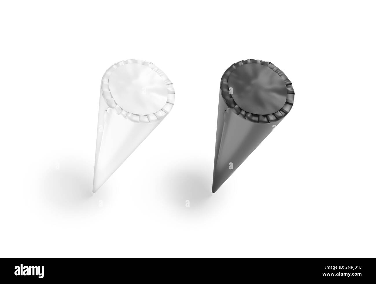 Confezione di coni per gelato bianco e nero mockup, isolato, rendering 3D. Confezione di carta vuota con etichetta per gelato mock up, vista dall'alto, senza gravità. CLE Foto Stock