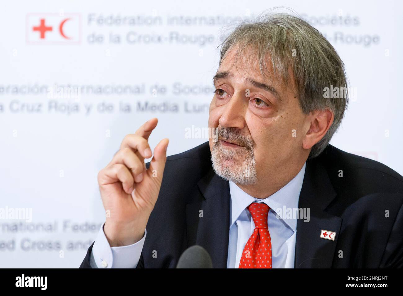 Italia's Francesco Rocca, President of the International Federation of Red  Cross and Red Crescent Societies (IFRC), speaks to the media about the  humanitarian crisis in the world before the Red Cross and