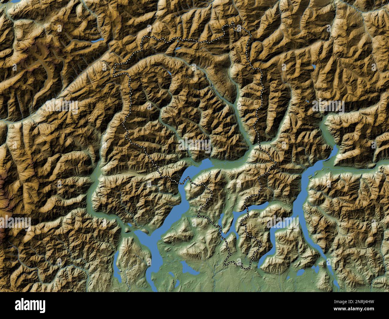 Ticino, cantone della Svizzera. Mappa di altitudine colorata con laghi e fiumi Foto Stock