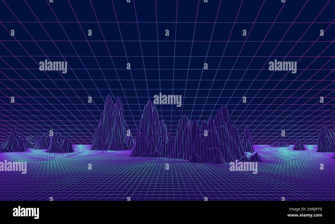 Spazio virtuale vettoriale wireframe con colori al neon. Illustrazione vettoriale della dimensione del metaverse. Concetto di tecnologia e mondo futuristico Illustrazione Vettoriale