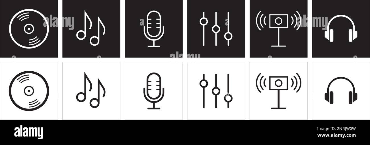Un set di illustrazioni di icone dell'app musicale. Icone del grafico delle playlist degli album. Audio lineare e simbolo audio. Illustrazione Vettoriale