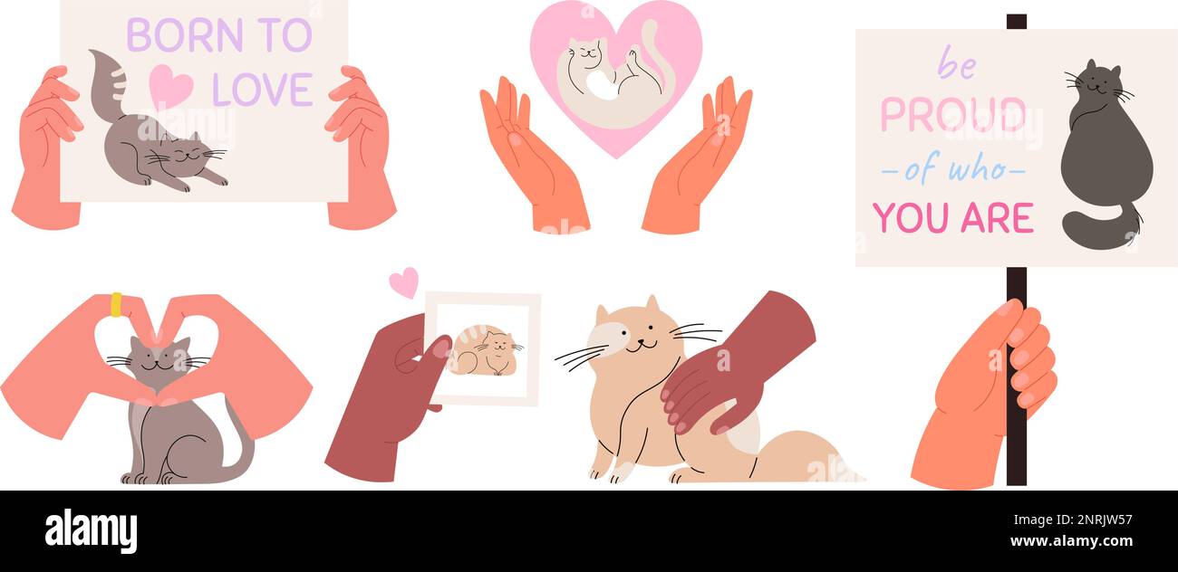 Gli amanti dei gatti, le mani tengono striscioni e cartellino con iscrizioni positive e di gatto. Cucciolo di mano umana, animali da cartoon e set vettoriale proprietari Illustrazione Vettoriale