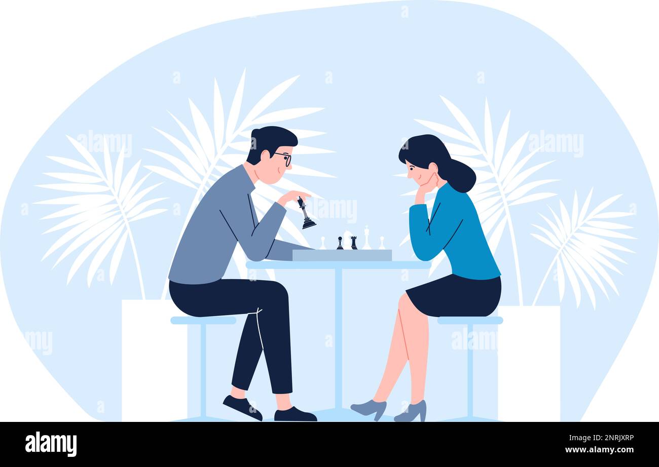 Coppia giocare a scacchi. Uomo e donna riposo, popolare gioco da tavolo logica. Metafora di strategia, maschio vs femmina piano vettore business concetto Illustrazione Vettoriale