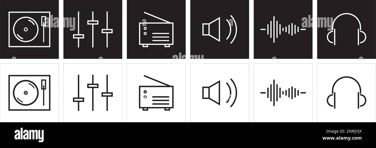 Un set di illustrazioni di icone dell'app musicale. Icone del grafico delle playlist degli album. Audio lineare e simbolo audio. Illustrazione Vettoriale
