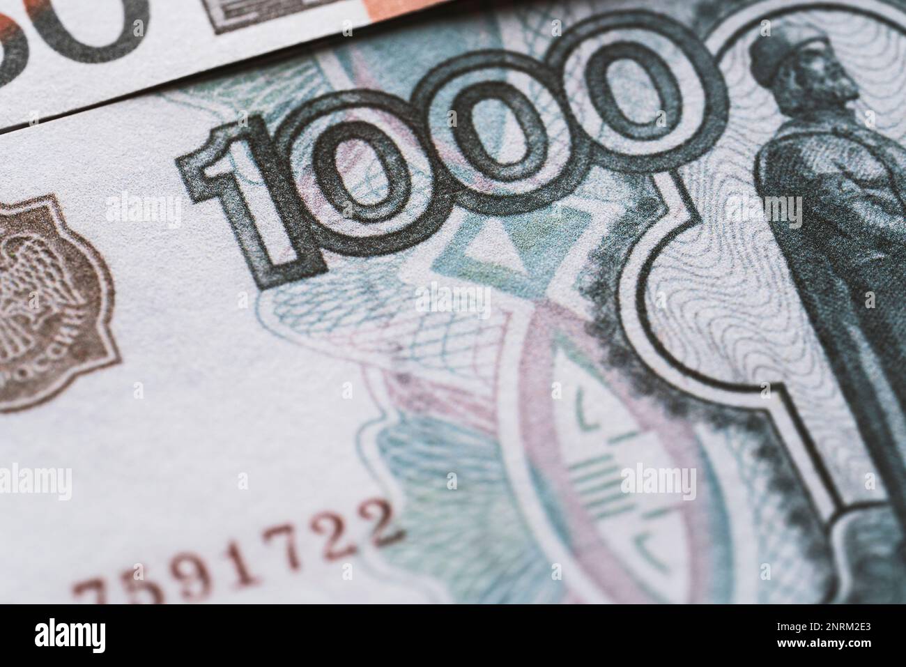 Mille rubli russi dettaglio della banconota da vicino. Valuta della Federazione Russa. Foto Stock