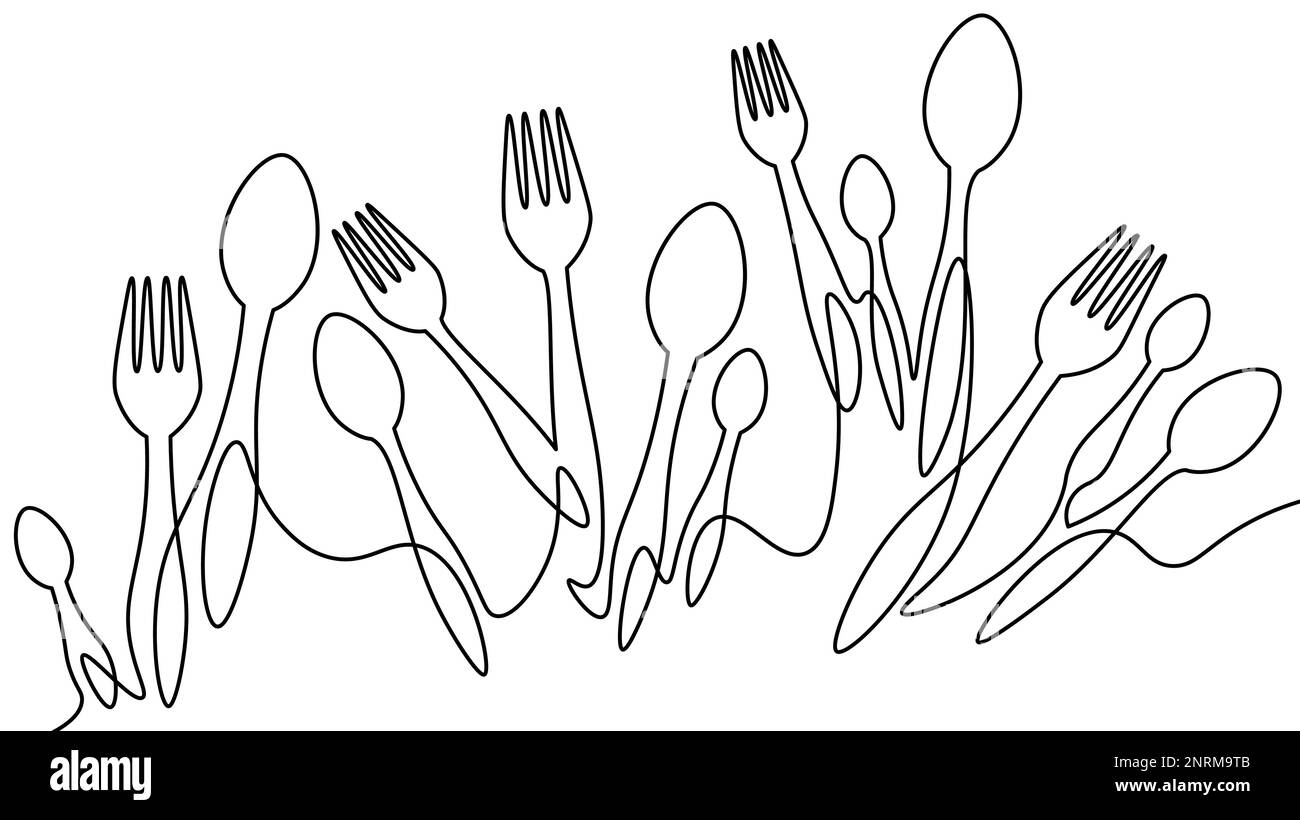 Una linea tavola cucchiaio forchette concetto pranzo cena. Cafe menu decorazione bordo silhouette linea continua doodle cucina pranzo vettore di fornitura Illustrazione Vettoriale