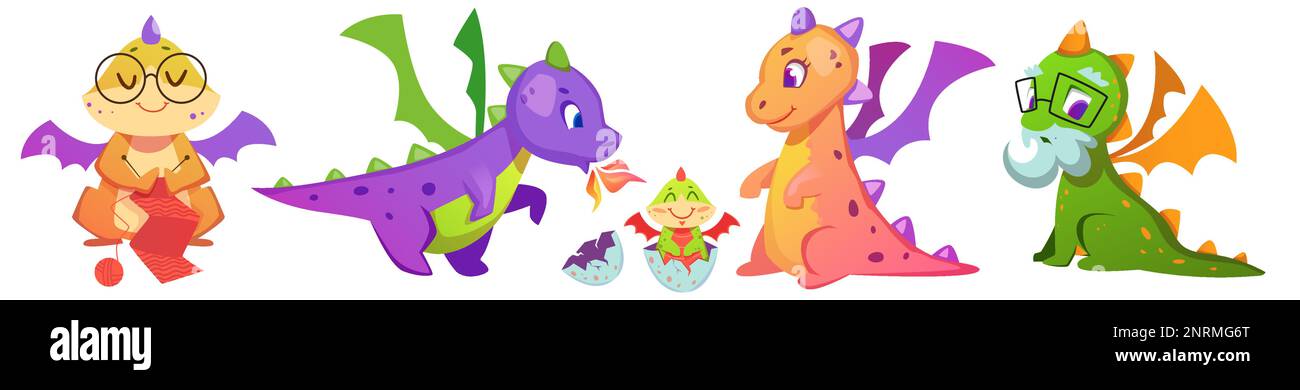 Personaggi dei cartoni animati con dinosauro bambino. Creature magiche nonna e nonno, genitori felici con fantasy bambino mostro in uovo. Sorridente collezione di rettili medievali. Illustrazione Vettoriale