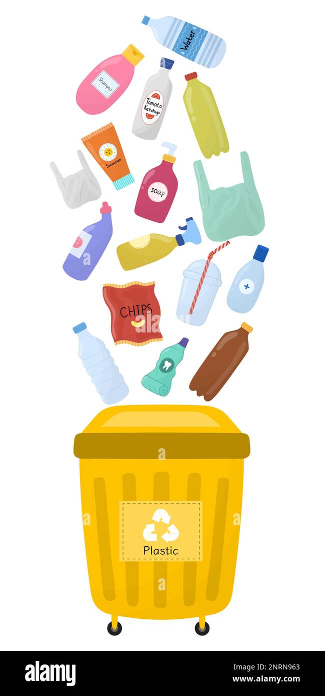 Rifiuti di plastica e un cestino giallo può con bottiglie e confezioni Illustrazione Vettoriale
