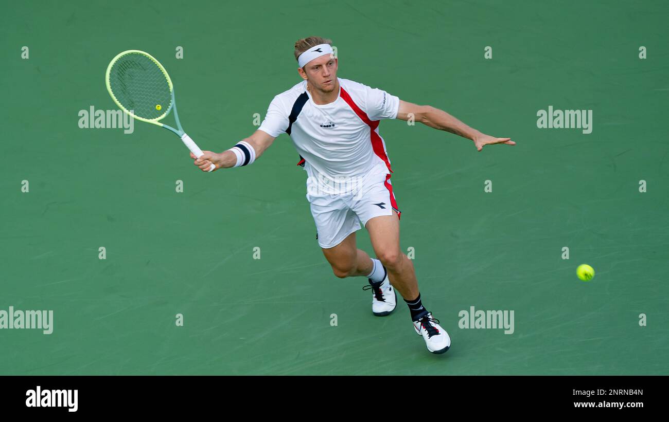 Malek Jaziri (TUN) vs Alejandro Davidovich Fokina (ESP) durante il loro ATP 500 Dubai Duty Free Tennis Championships 2023 R32 partita il 27 febbraio 2023 a Dubai, Emirati Arabi Uniti. Foto di Victor Fraile / Power Sport immagini Foto Stock