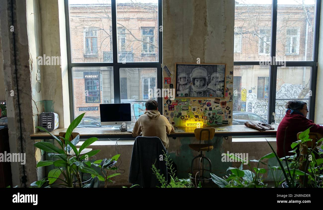 Lavorare in uno spazio di collaborazione, a Tbilisi (Georgia) Foto Stock