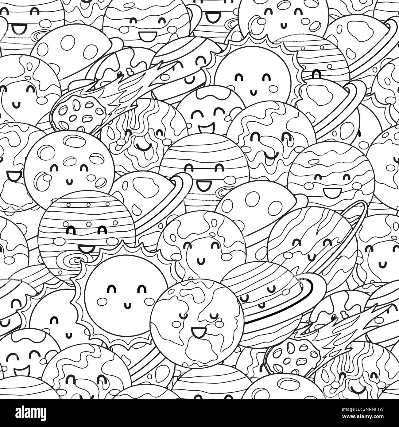 Cute pianeti spazio senza cuciture modello. Sistema solare pianeta caratteri bianco e nero colorazione pagina Illustrazione Vettoriale