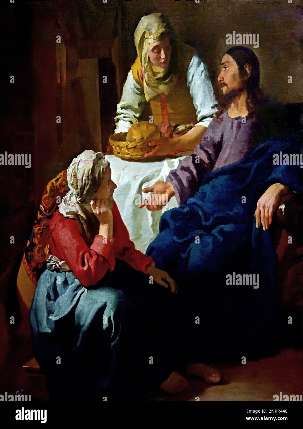 Cristo nella casa di Maria e Martha 1654-1655 di Johannes Vermeer o Jan Vermeer 1632 - 1675, Delft, Paesi Bassi, Olanda, ( Pittore olandese nell'Età dell'Oro, uno dei più grandi pittori, 17th ° secolo. senza tempo, momenti assennati, rimane enigmatica, inimitabile combinazione di colori e contenuto luminoso sconcertante) Foto Stock