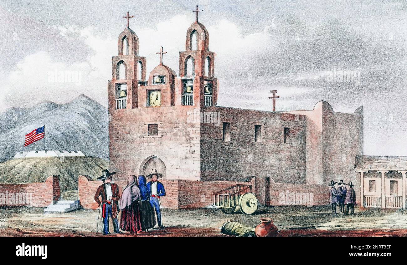 Forte Marcy e la Parroquia Santa Fe. La Parroquia, o Parrocchia. Dopo uno schizzo realizzato dal tenente J.W. Abert nel 1846. Era un ufficiale con gli Stati Uniti L'esercito dell'ovest, che si è diretto a Santa Fe per rivendicarlo e tutto il territorio del New Mexico dopo che gli Stati Uniti hanno decanato la guerra contro il Messico. Foto Stock