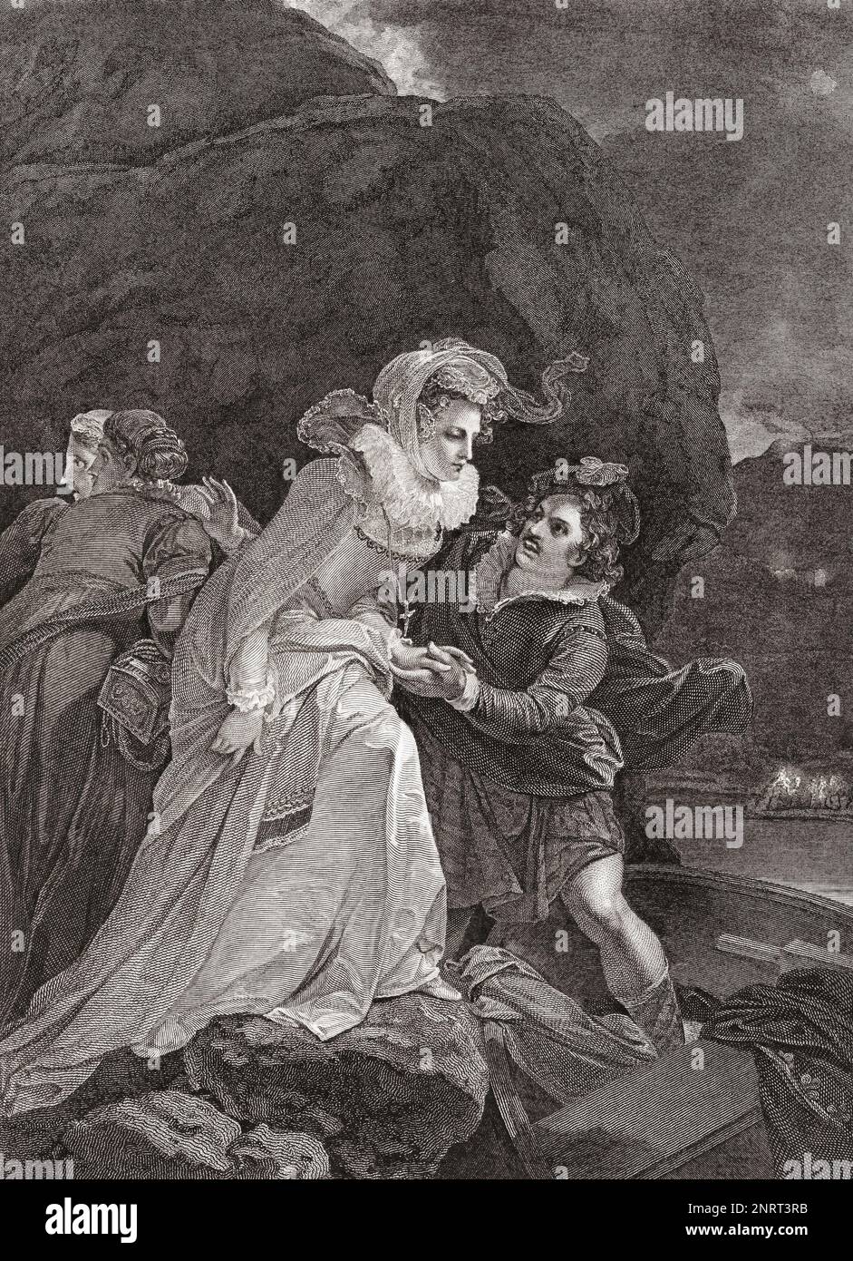 Maria Regina degli scozzesi fuga dal castello di Loch Leven, 2 maggio 1568. Dopo una stampa di William Sharp da un'opera di Robert Smirke originariamente apparsa nella Robert Bowyer's Historic Gallery, pubblicata tra il 1793 e il 1806. Foto Stock