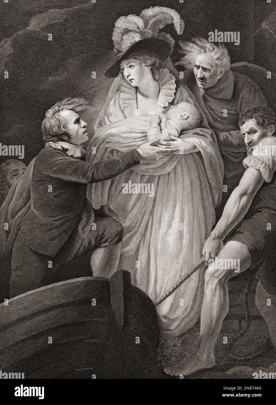 Maria, Regina di Giacomo II, con il neonato James Francis Edward Stuart, Principe di Galles, che lasciò l'Inghilterra per la Francia nel dicembre 1688. Dopo una stampa di James Stow dal lavoro di John Opie originariamente apparso nella Robert Bowyer's Historic Gallery, pubblicato tra il 1793 e il 1806. Foto Stock