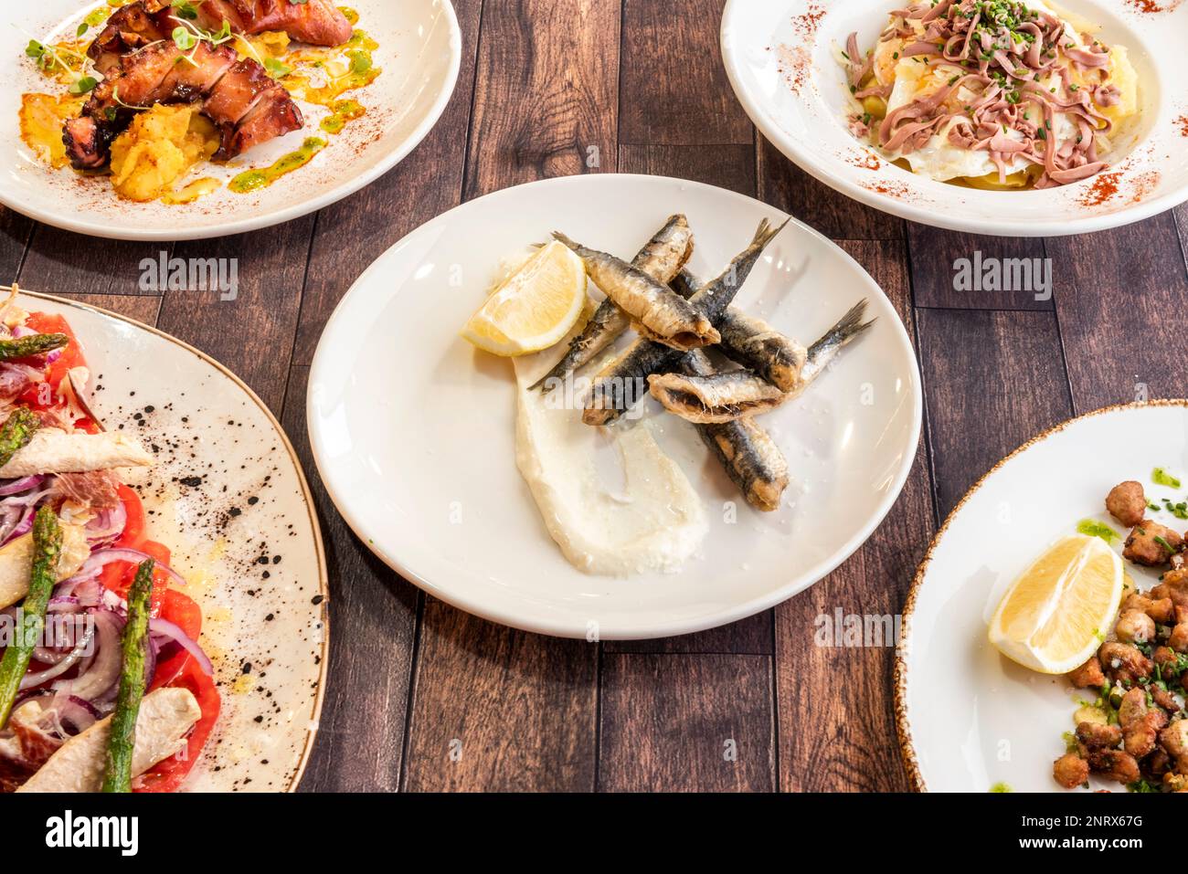 Set di piatti con ricette di tapas spagnole con acciughe fritte, polpo alla griglia, insalata ventresca e criadilla Foto Stock