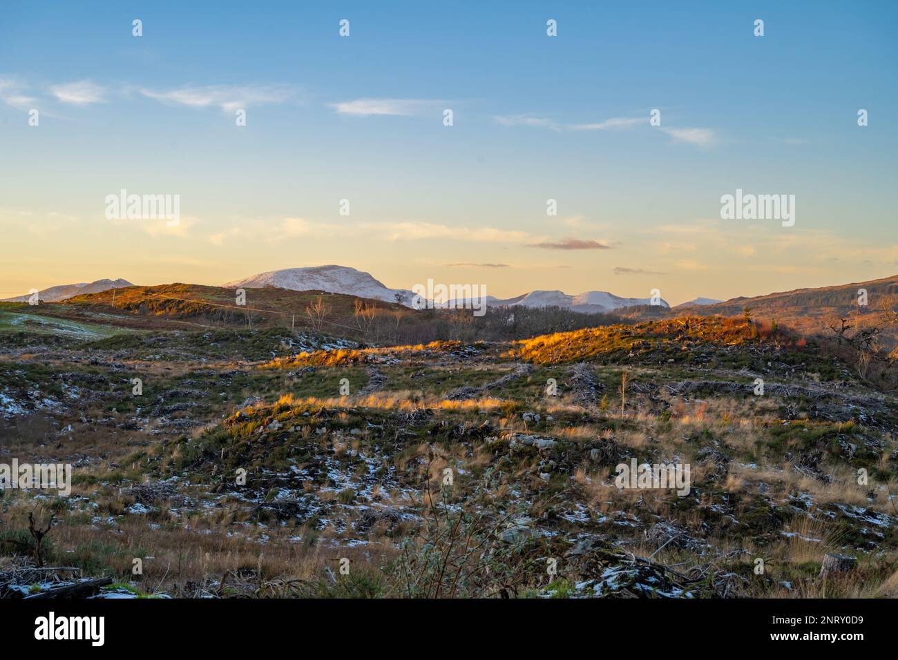 Guardando verso le colline della vale di Ffestiniog snowdonia dalla strada di campagna vicino Gellilydan, Blaenau Ffestiniog in un tardo pomeriggio invernale. Foto Stock